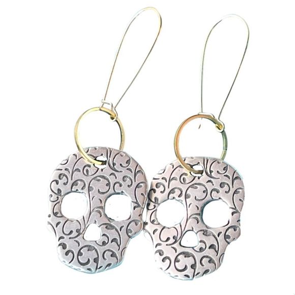 Artisan Jewelry - HANDCRAFTED Pewter Minimalist Sugar Skull Earrings
